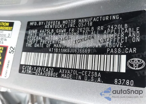 2018 Toyota Camry Se from USA, damaged, VIN 4T1B11HK6JU636669